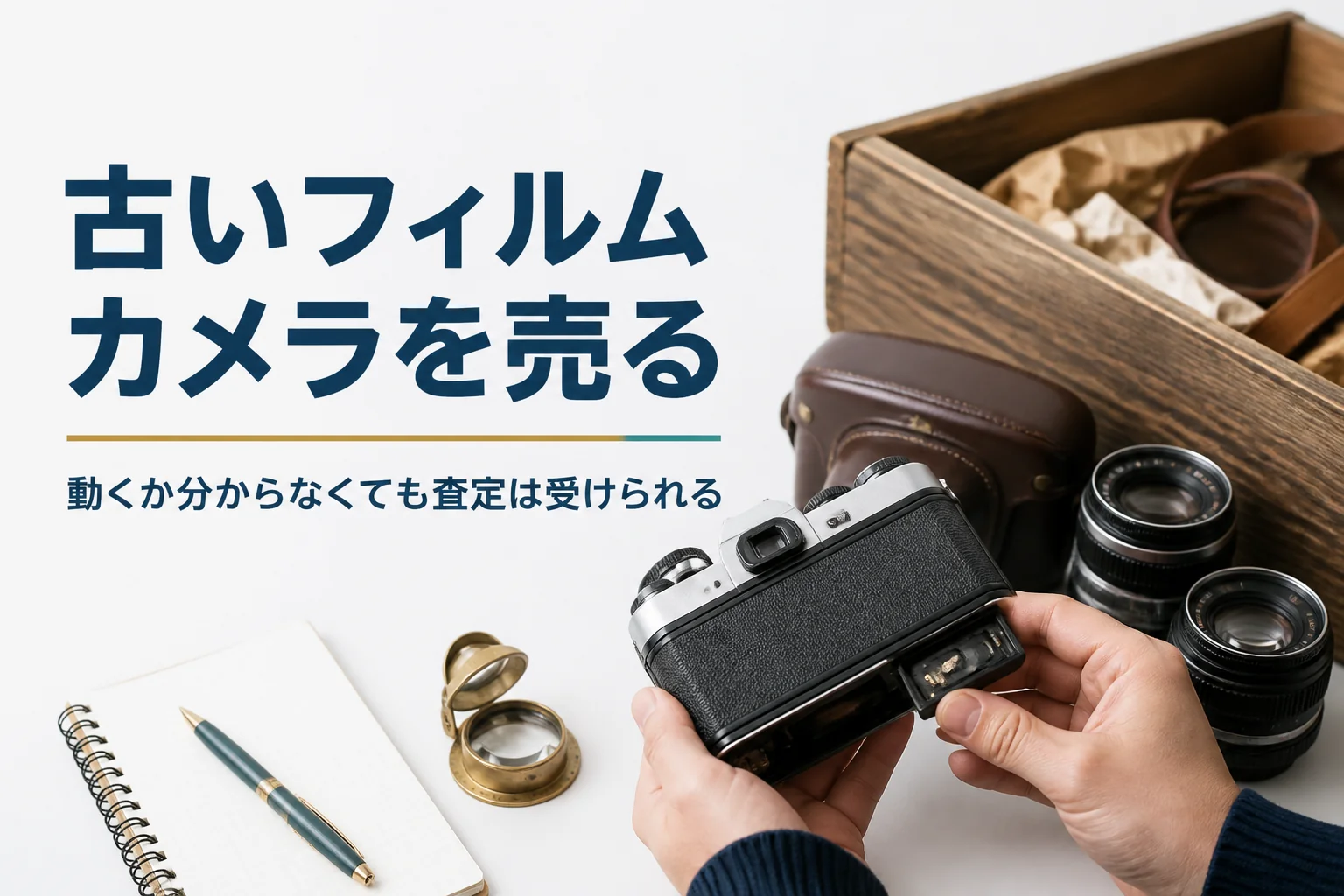 押し入れから出てきた古いフィルムカメラの電池室を確かめ、査定に出す準備をしている様子