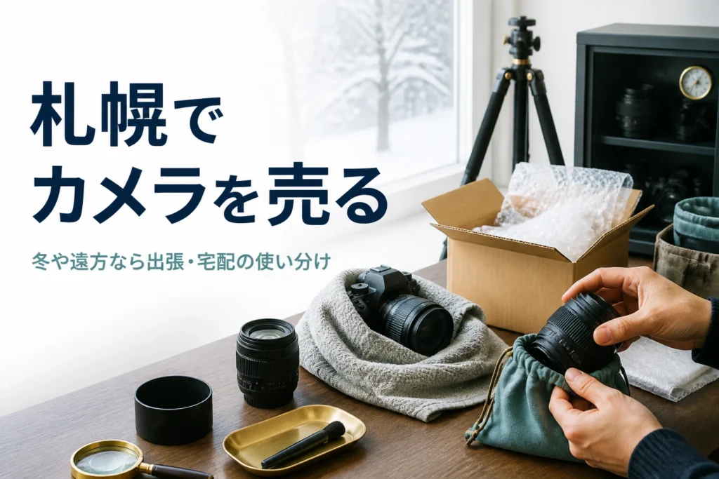 雪の見える室内でカメラとレンズを宅配用に梱包している様子