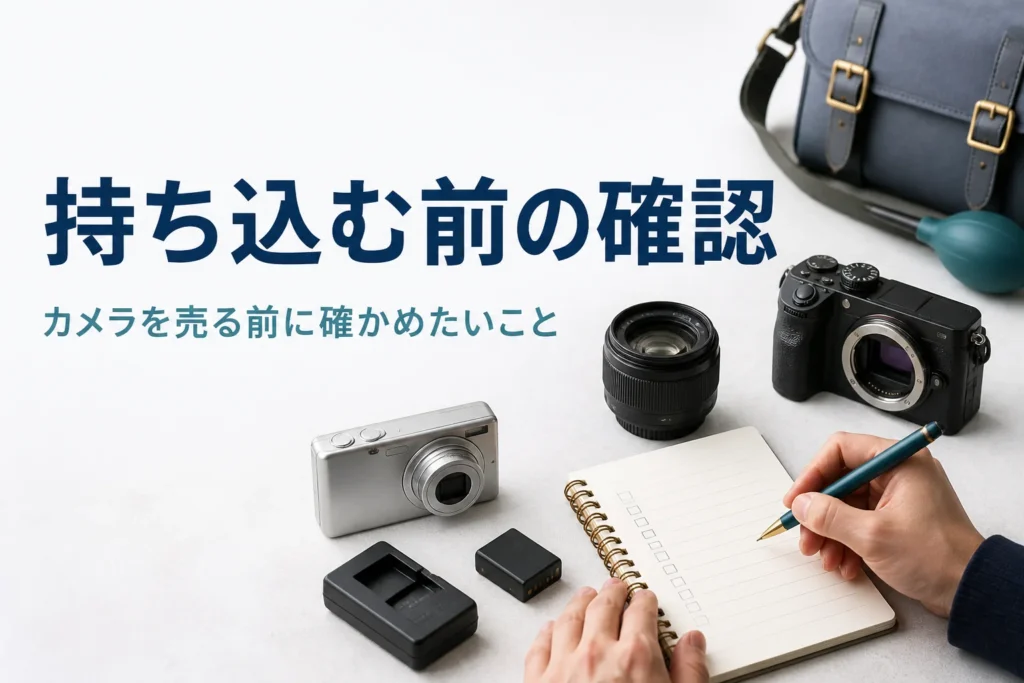 カメラと付属品を並べて、持ち込む前のチェックリストを確かめている様子