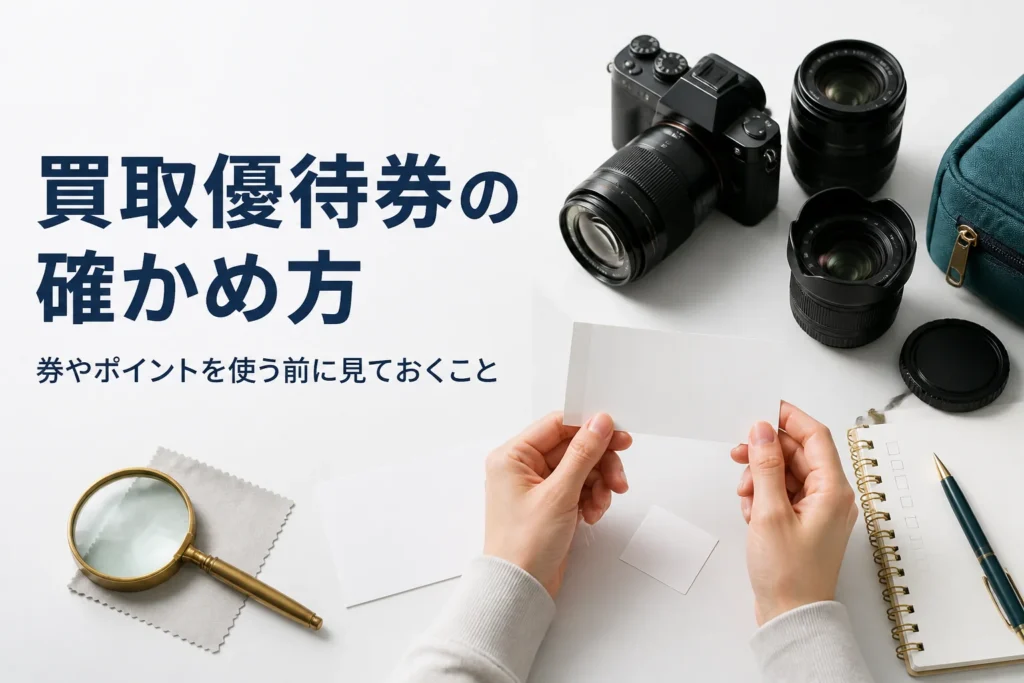 カメラと交換レンズの横で、買取の優待券とシールの条件をメモを見ながら確かめている様子