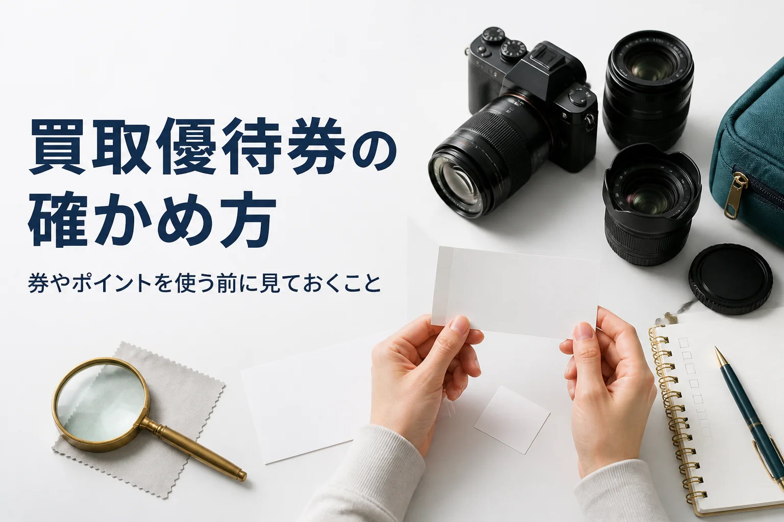 カメラと交換レンズの横で、買取の優待券とシールの条件をメモを見ながら確かめている様子