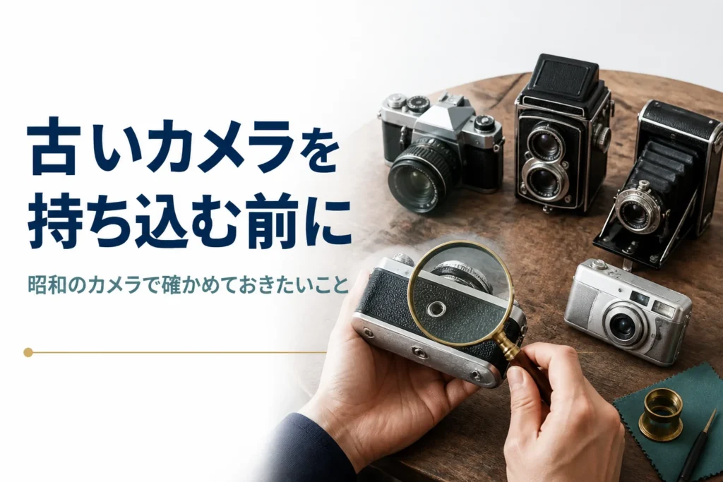 昭和の古いフィルムカメラや二眼レフの刻印をルーペで確かめている様子