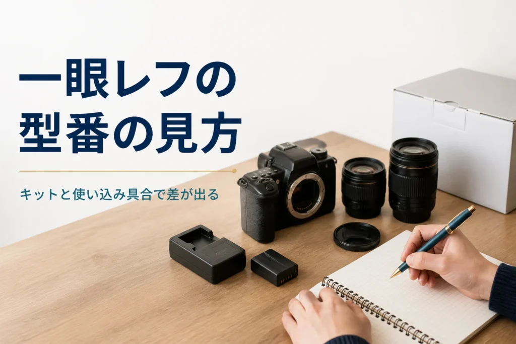 デジタル一眼レフのボディとキットのレンズ2本、付属品をそろえて売る準備をしている様子
