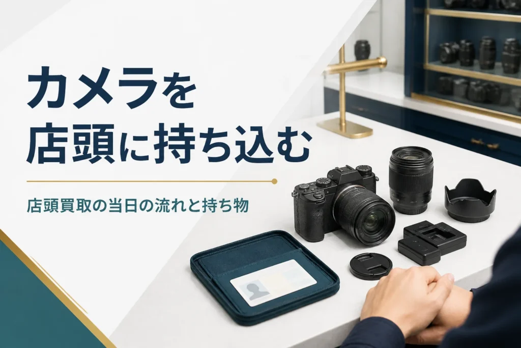 買取カウンターにカメラとレンズ、付属品を並べて店頭買取を受ける準備をしている様子