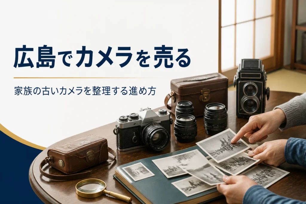 家族で古いフィルムカメラやレンズを座卓に並べて整理している様子