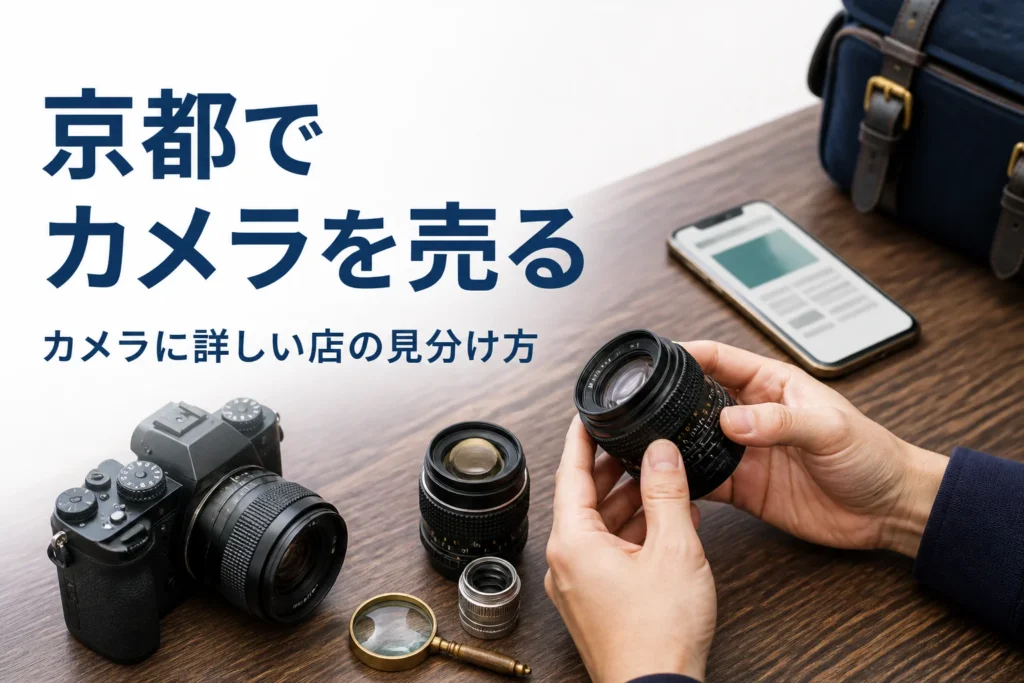 カウンターでミラーレスカメラとオールドレンズを確かめながら店を調べている様子