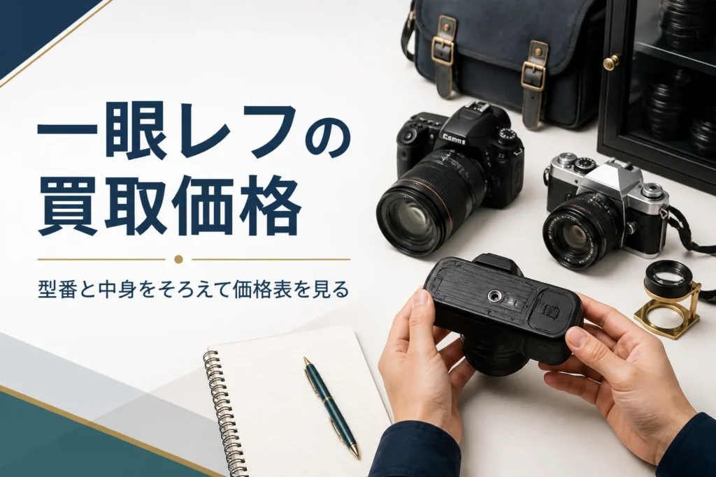 一眼レフの型番を確かめてメモに書き写し、買取価格を調べる準備をしている様子