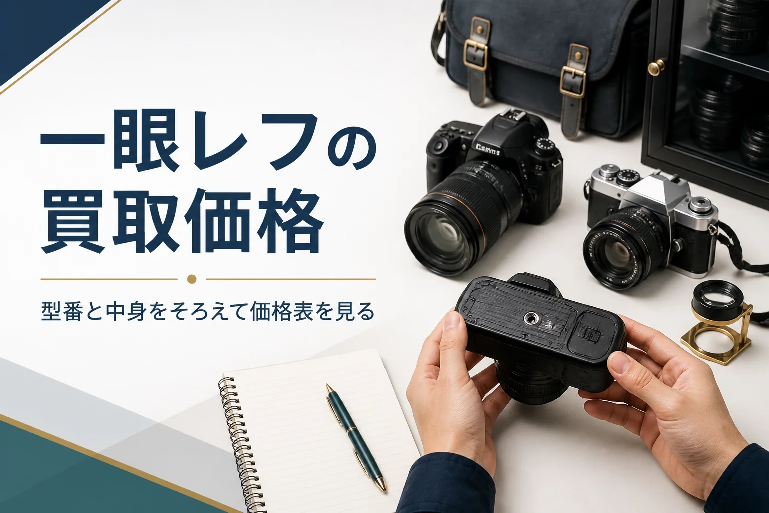 一眼レフの型番を確かめてメモに書き写し、買取価格を調べる準備をしている様子