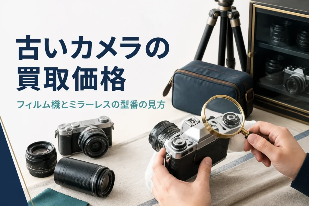 古いフィルム一眼レフとミラーレスカメラの型番を確かめて、買取価格を調べる準備をしている様子