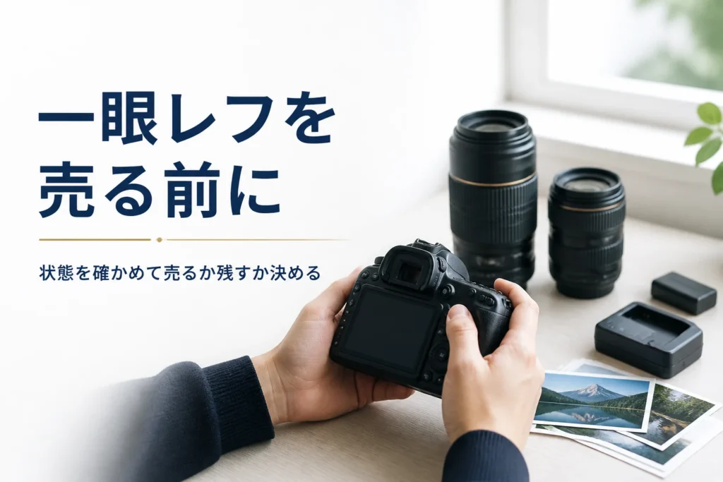 デジタル一眼レフの状態を確かめながら、売るか残すかを考えている様子