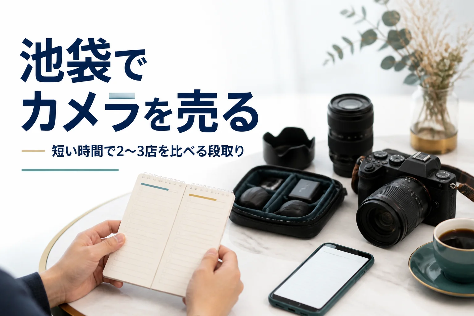 ミラーレスカメラと交換レンズ、付属品の袋を前に、スマホの査定メモを見比べている様子