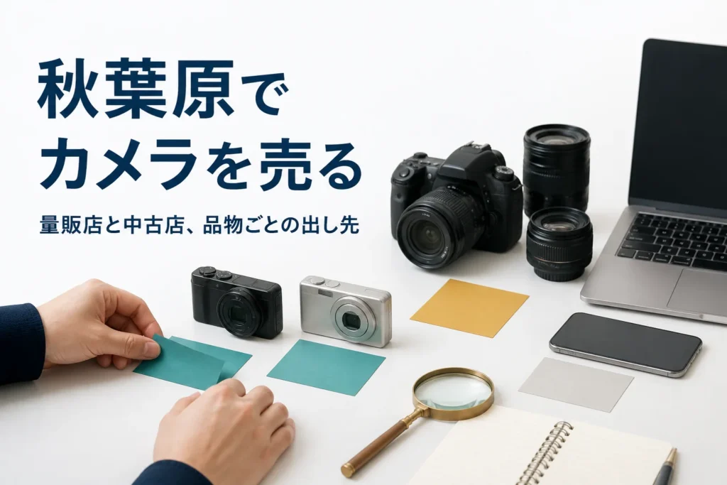 カメラとレンズ、スマホとノートパソコンを品物ごとに仕分けて売る準備をしている様子