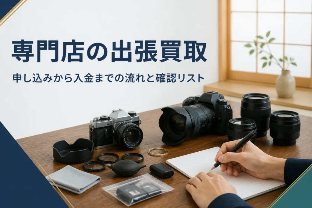 自宅の座卓にカメラとレンズ、付属品を並べて出張買取の見積りを待っている様子