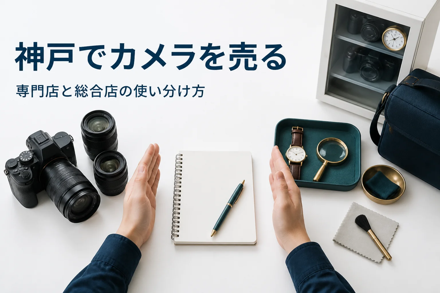 一眼レフと交換レンズ、腕時計などを売り先ごとに分けている様子