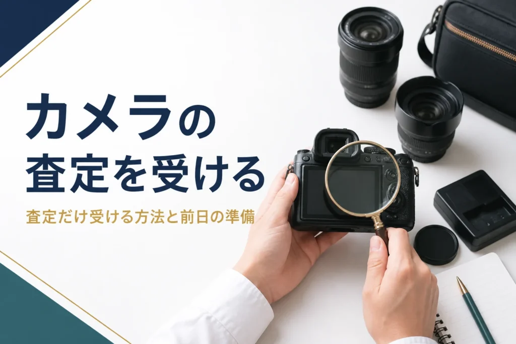 査定の前にミラーレスカメラとレンズの状態を確かめ、付属品をそろえている様子