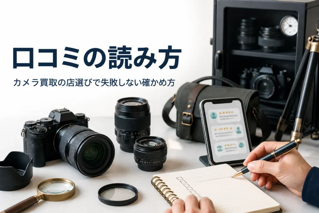 カメラの横でスマートフォンの口コミ画面を見ながら確認項目をメモしている様子