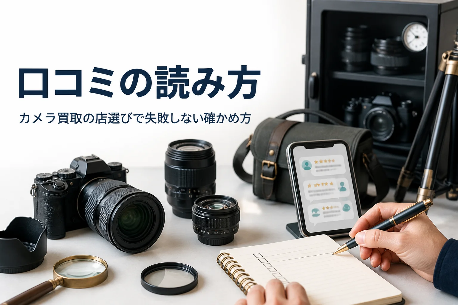 カメラの横でスマートフォンの口コミ画面を見ながら確認項目をメモしている様子