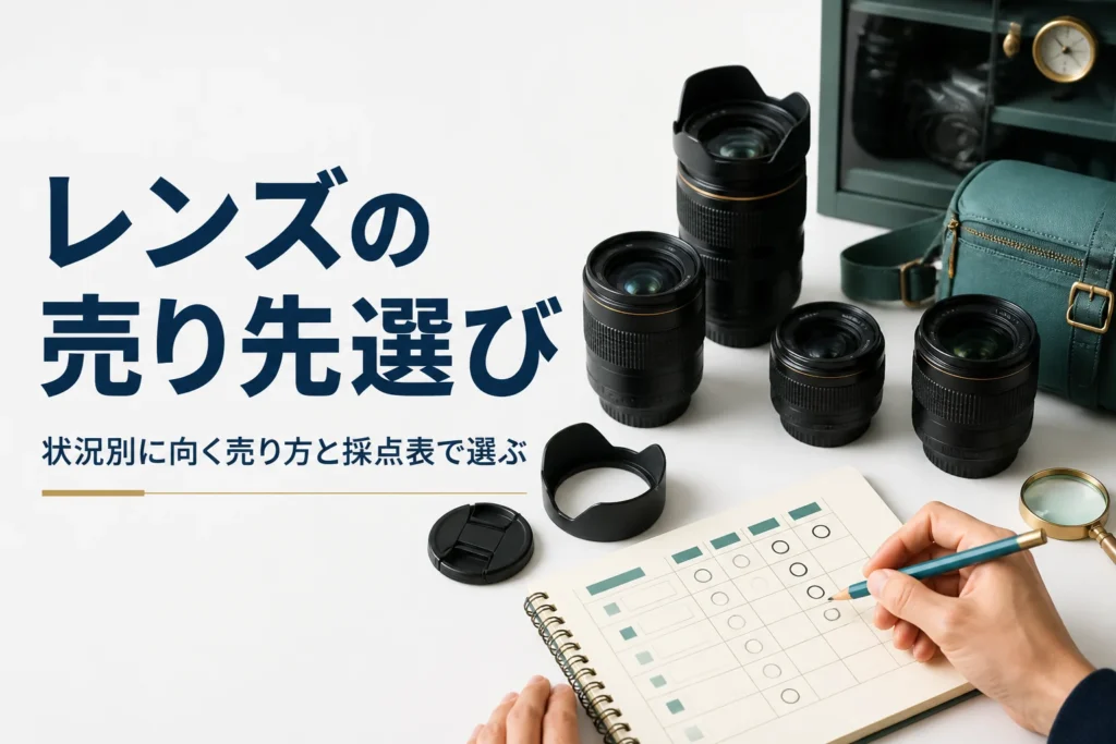 交換レンズを並べて、売り先を選ぶための採点メモを書いている様子