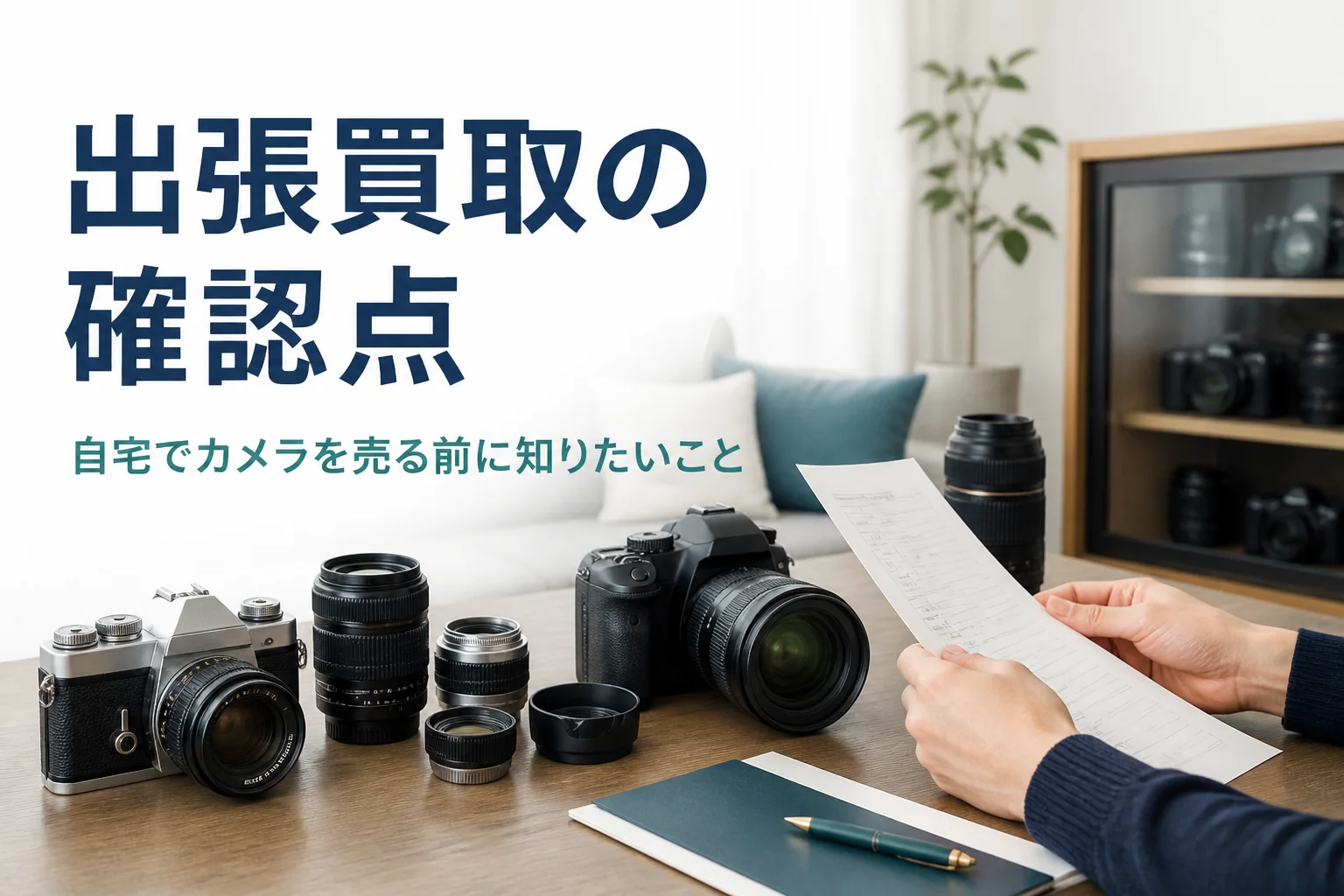 自宅のテーブルにカメラとレンズを並べ、出張買取の書類を確かめている様子