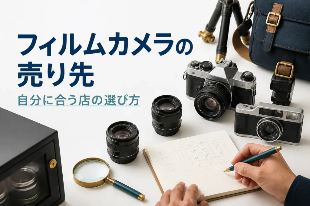 フィルムカメラやレンズ、ストロボを並べて売り先を比べるメモを書いている様子