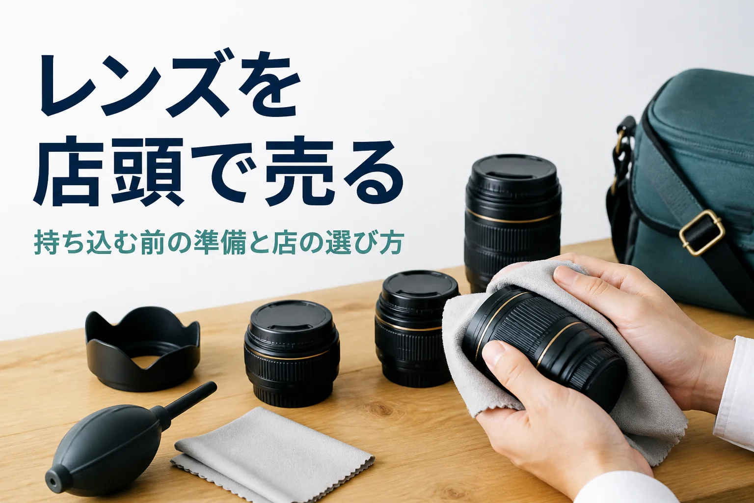 交換レンズにキャップを付けてタオルで包み、店頭に持ち込む準備をしている様子