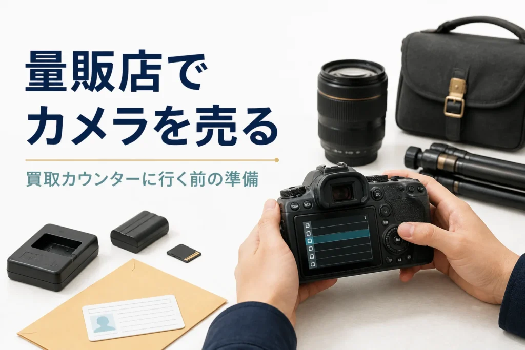 デジタル一眼レフとバッテリー、充電器、メモリーカードを並べて買取の準備をしている様子