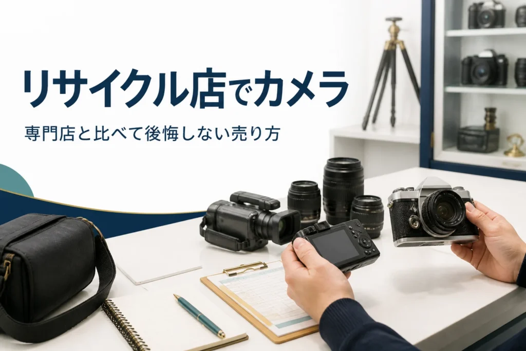 コンパクトデジカメや古いフィルムカメラを並べて、売り先を比べている様子