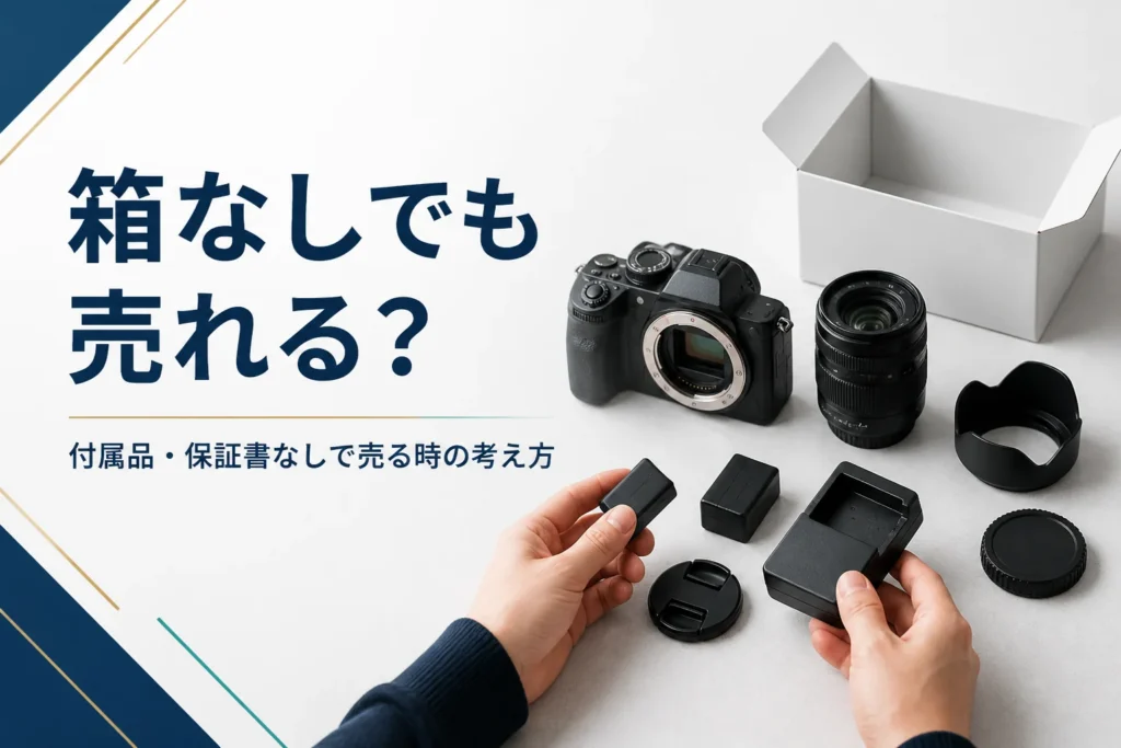 カメラ本体と付属品を並べ、箱なしで売る準備をしている様子