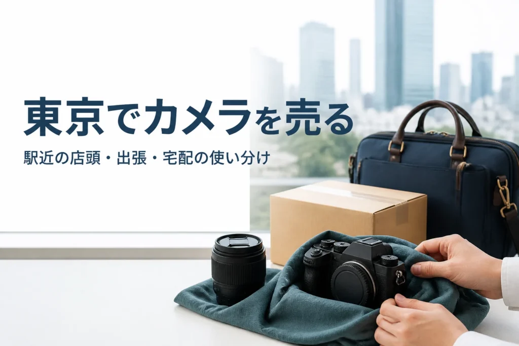 布で包んだミラーレスカメラと交換レンズ、梱包用の段ボール箱が並ぶ、売り方を考えている様子