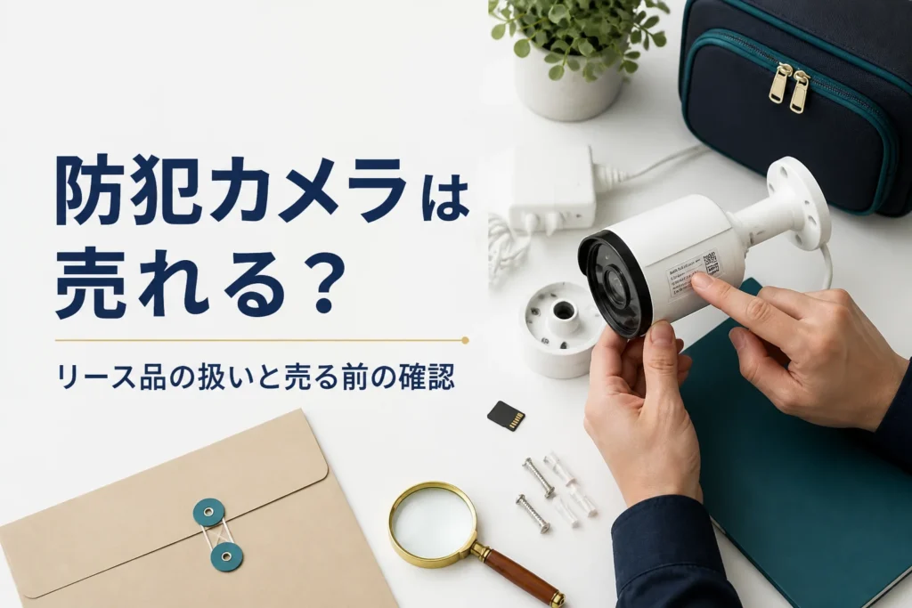 取り外した防犯カメラと付属品、書類が机に並んでいる様子