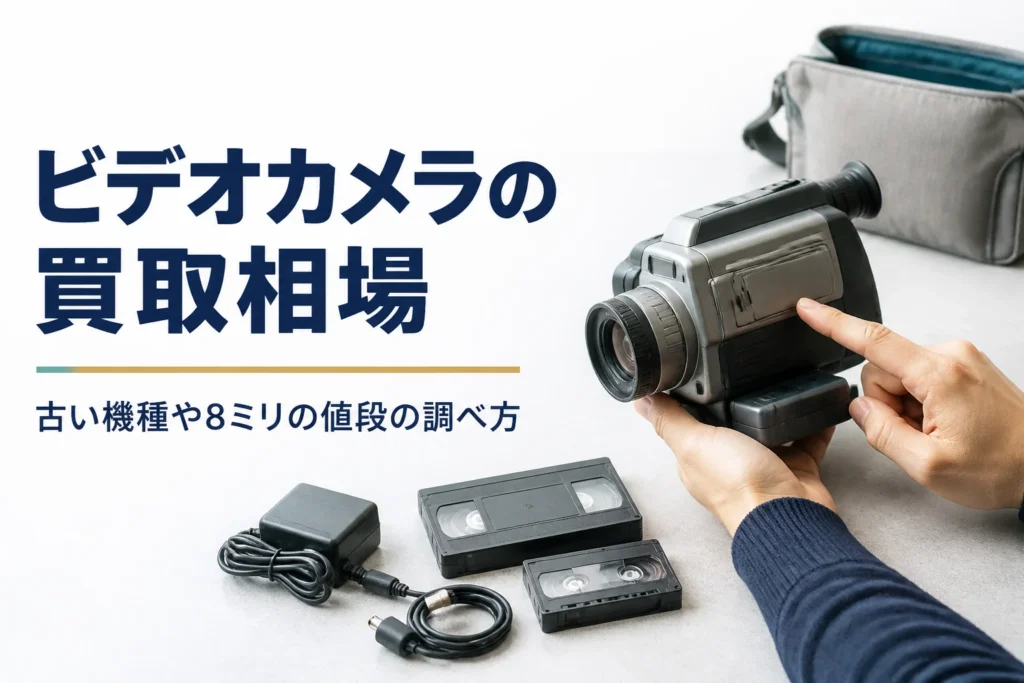 古いビデオカメラと付属品を並べて型番を確かめている手元