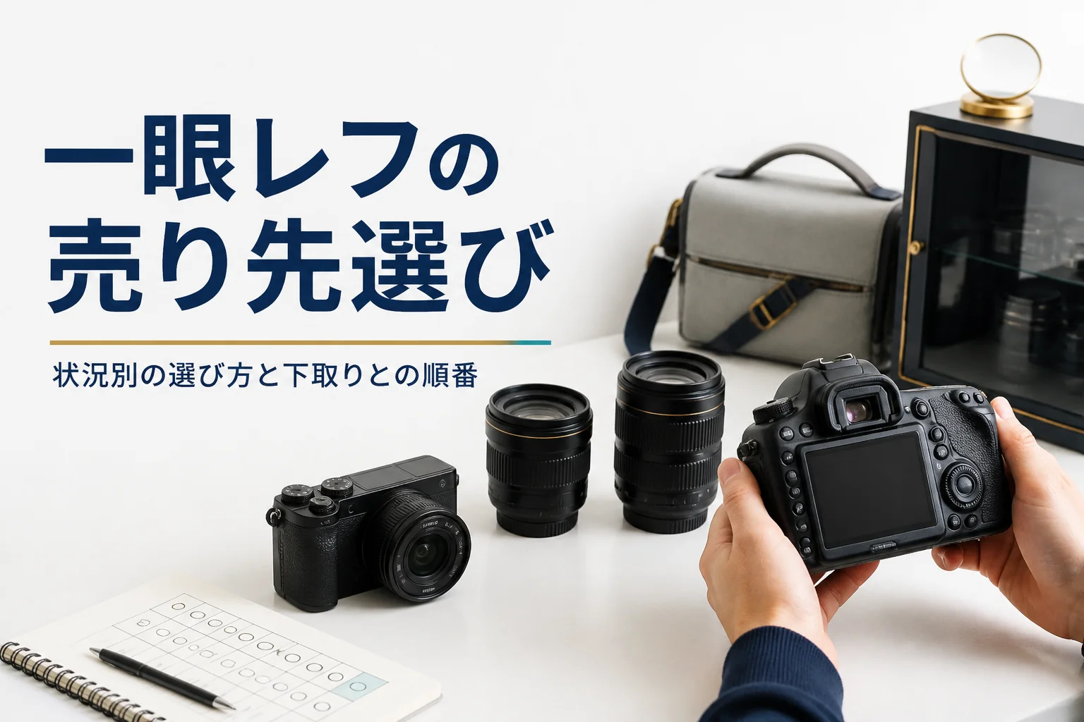 一眼レフとミラーレスを並べて、売り先と買い替えの順番を考えている様子