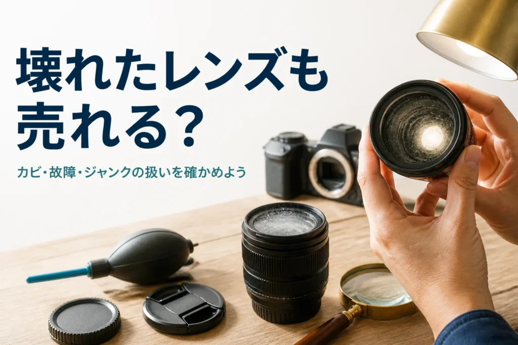ライトにかざして交換レンズの内部の曇りを確かめている手元