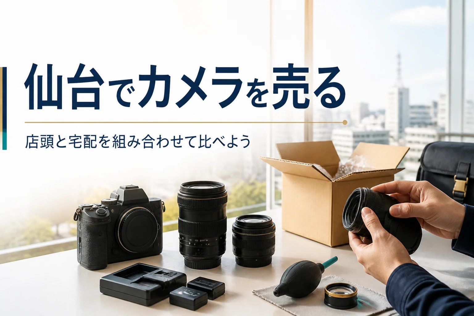 一眼レフと交換レンズを宅配用の箱の横で整えている手元