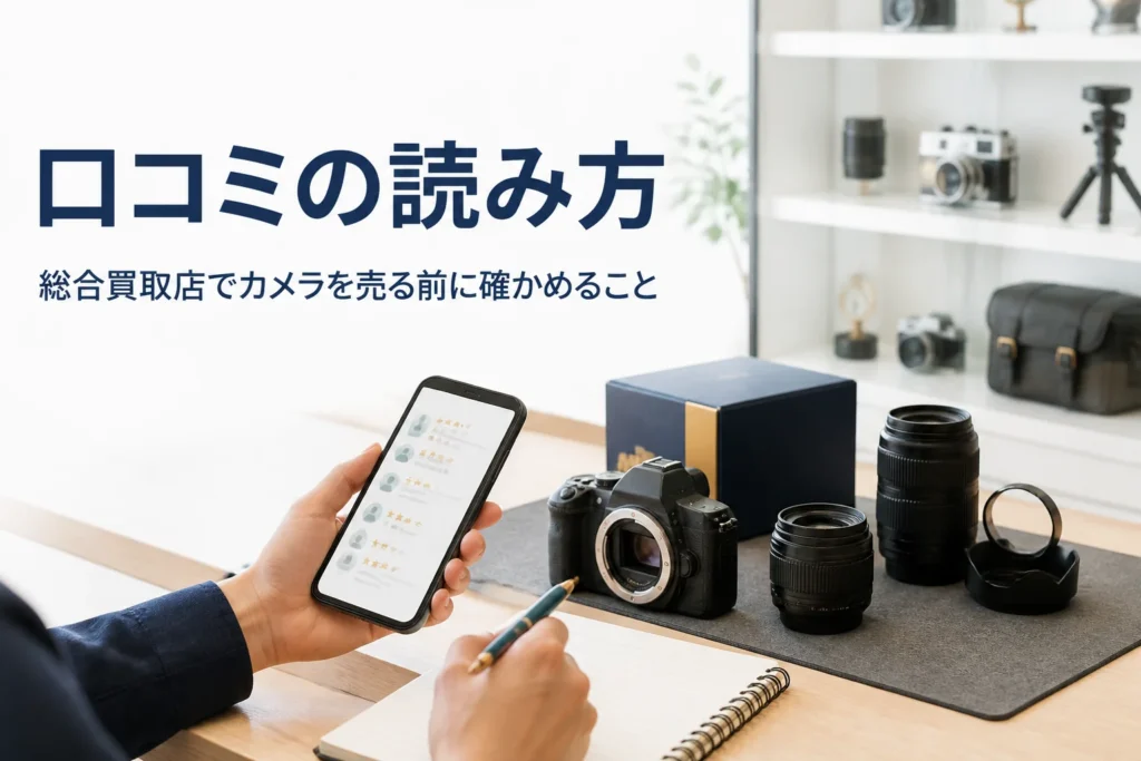 カウンターに置いた一眼レフとレンズの横で口コミを確かめる手元