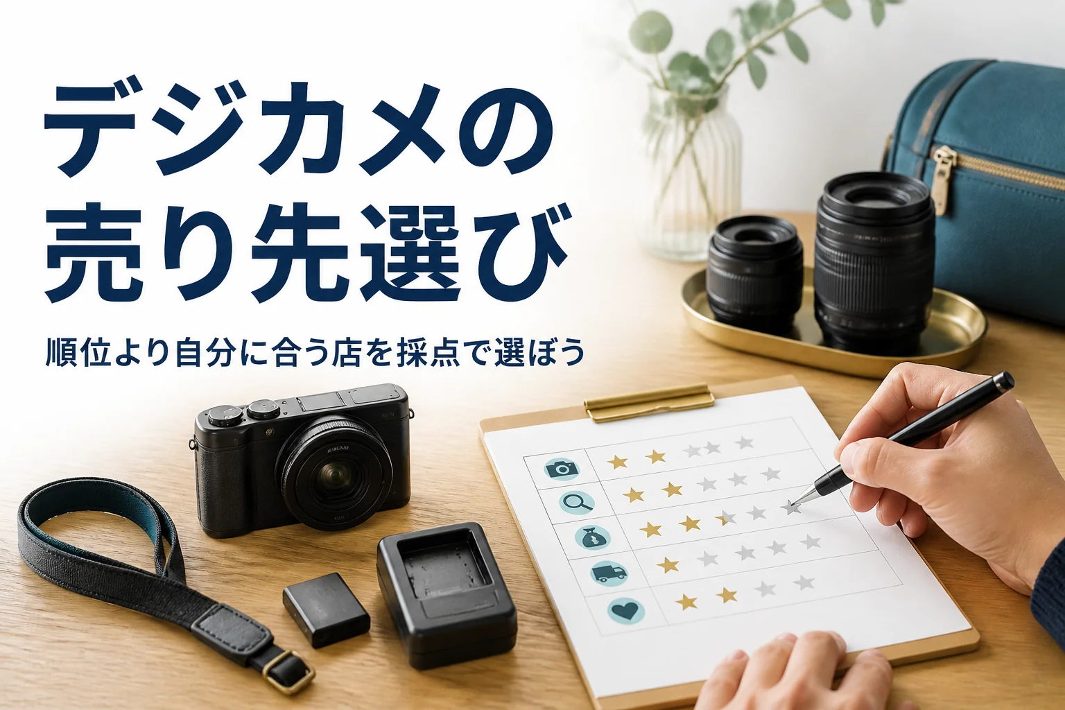 コンパクトデジカメと付属品の横で売り先の採点表を書く手元