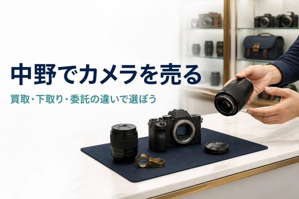 中古カメラ店のカウンターで交換レンズを差し出している手元