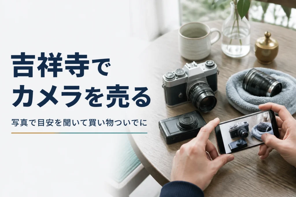 テーブルに置いたフィルムカメラをスマートフォンで撮影している手元