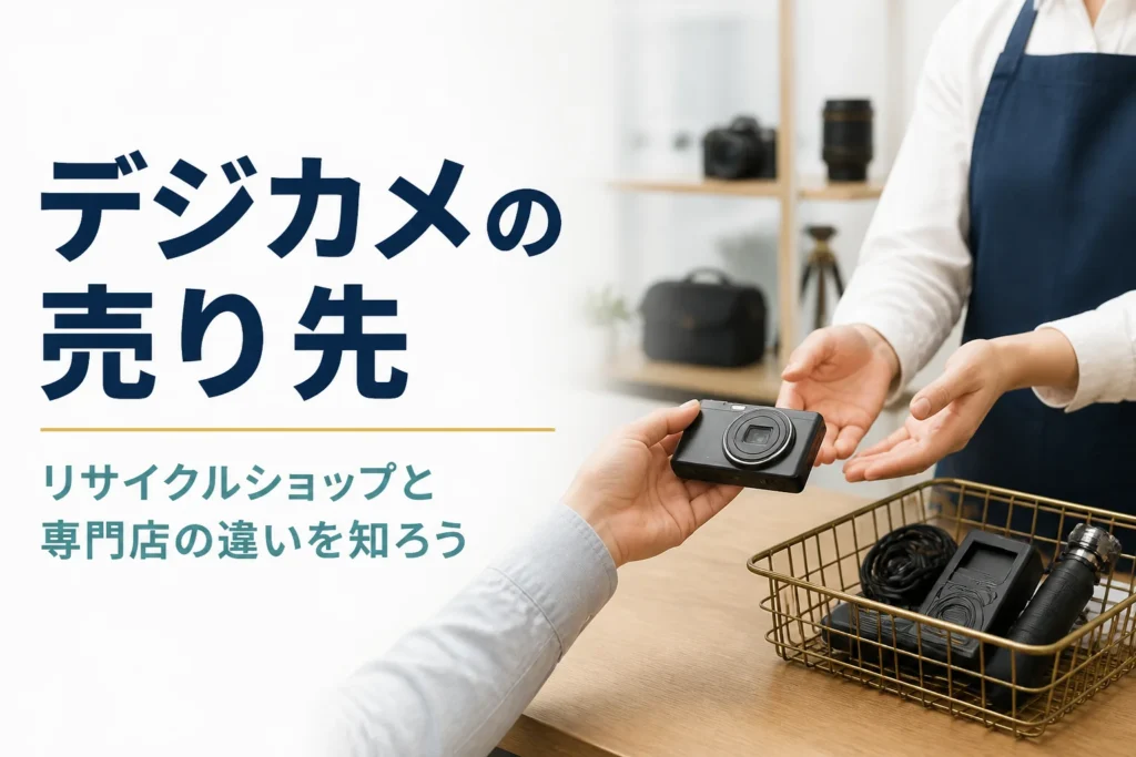 買取カウンターにコンパクトデジカメと小型家電を差し出す手元