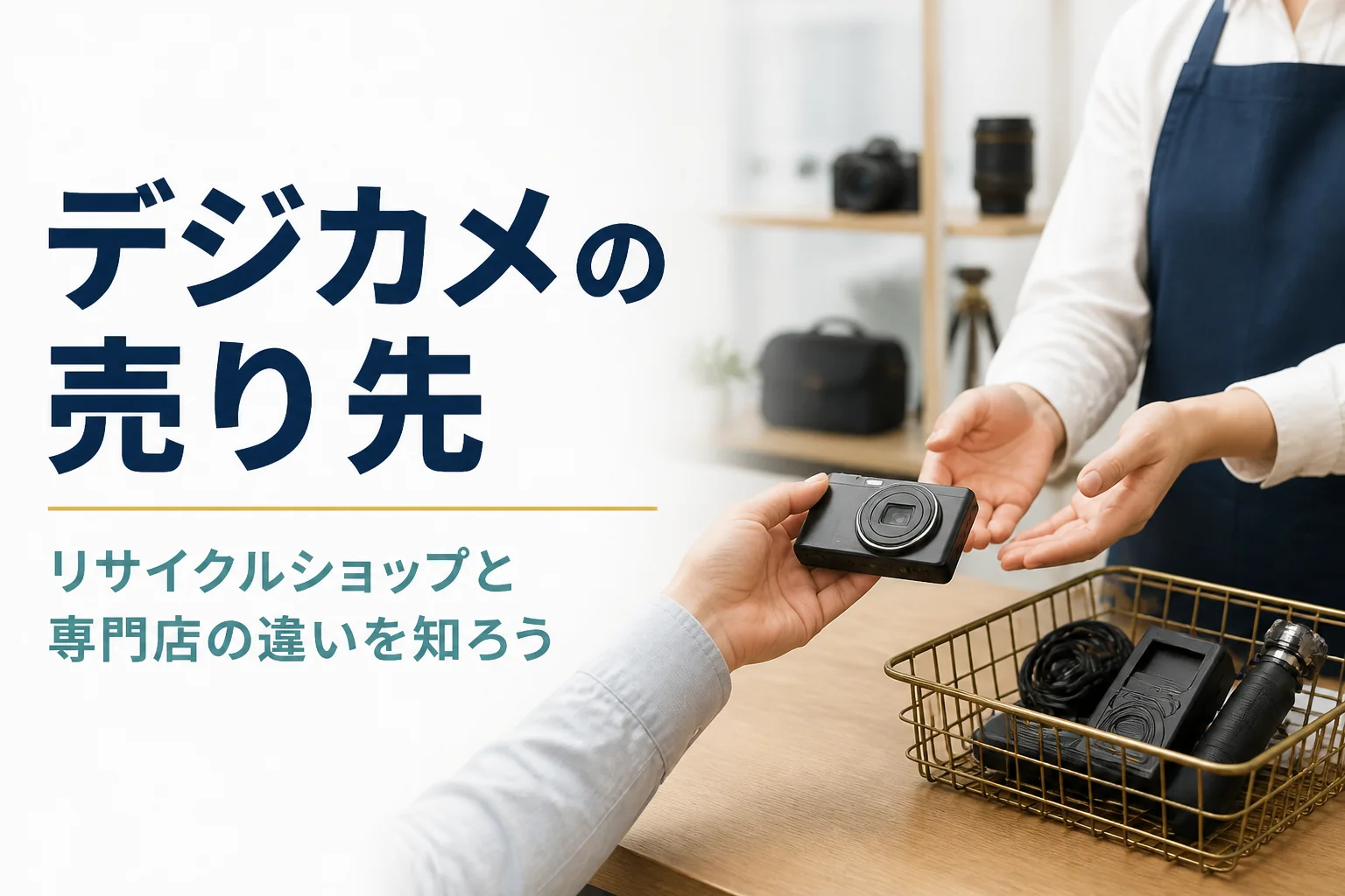 買取カウンターにコンパクトデジカメと小型家電を差し出す手元