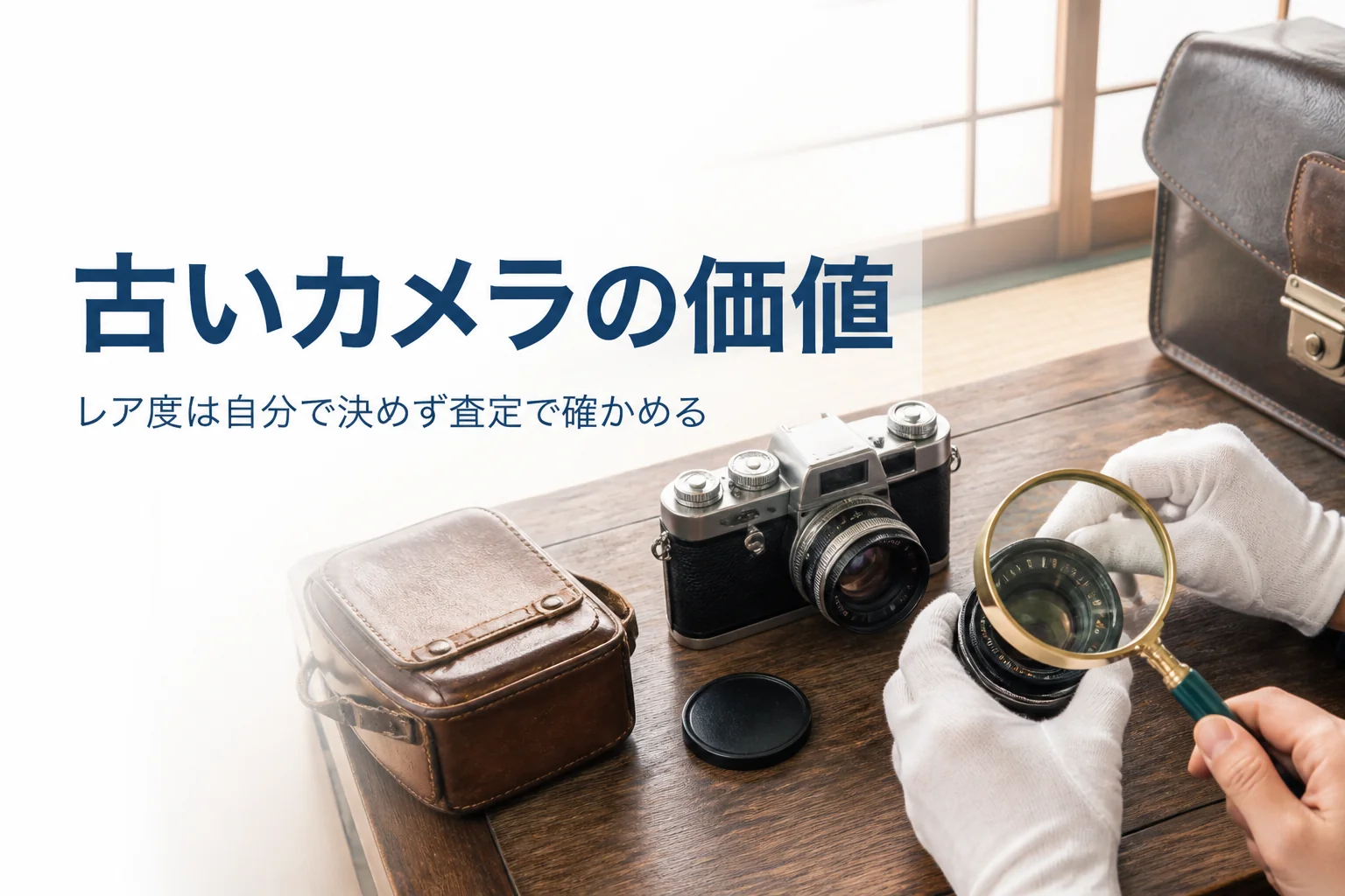 古いフィルムカメラのレンズをルーペで確かめている手元