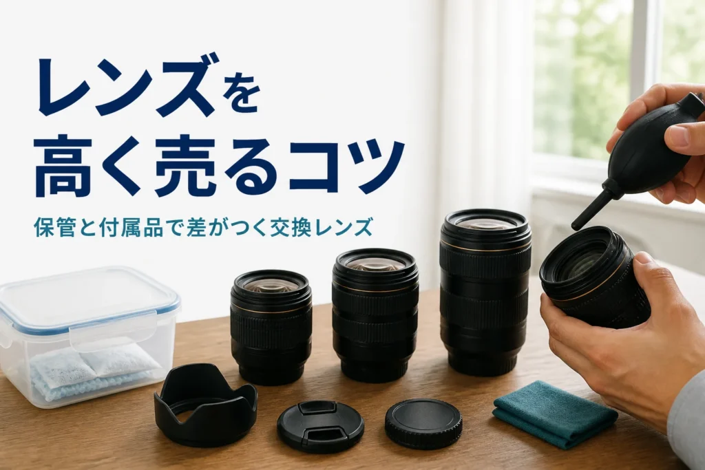 付属品をそろえた交換レンズをブロアーで手入れしている手元
