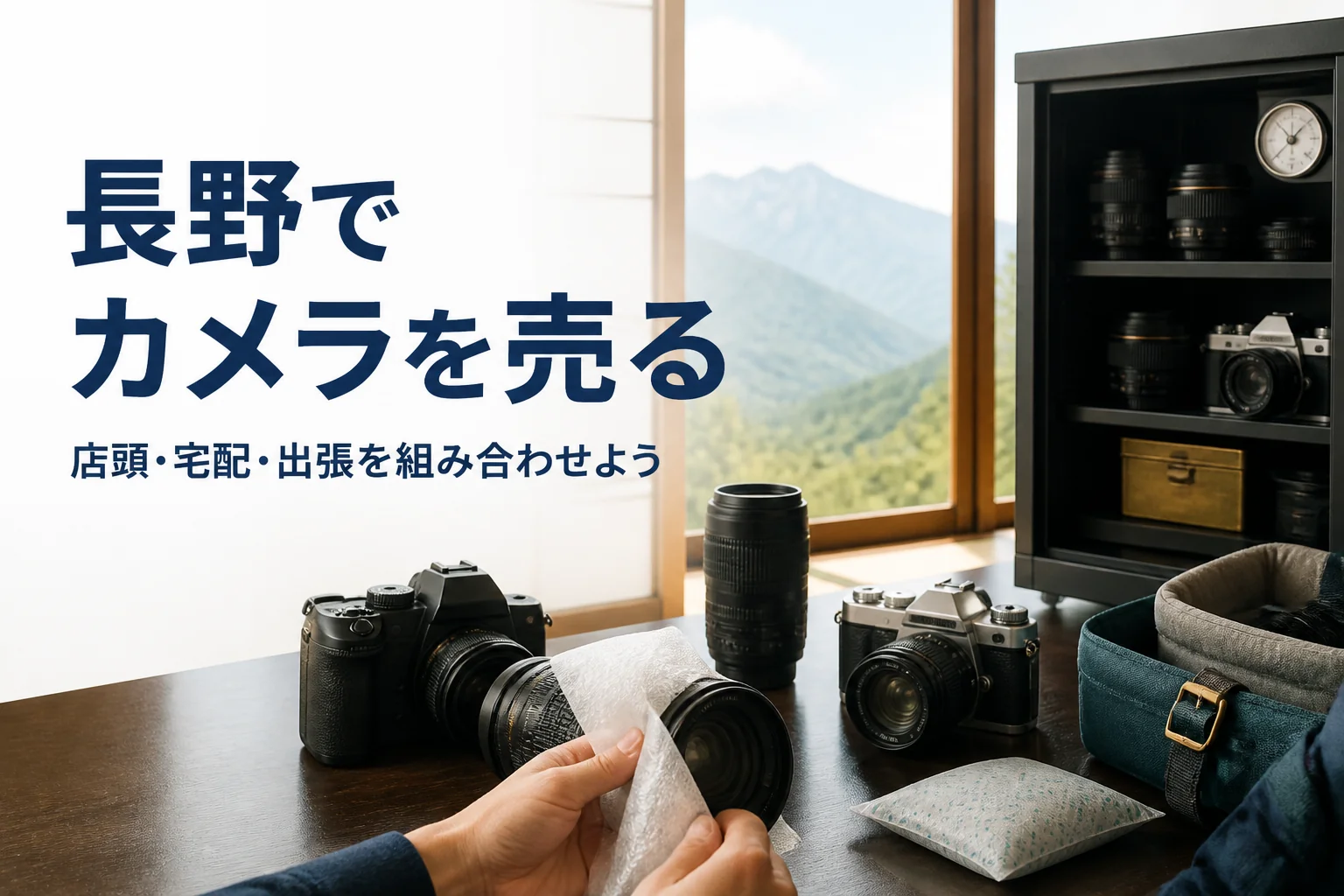 座卓の上で交換レンズを緩衝材でくるんでいる手元