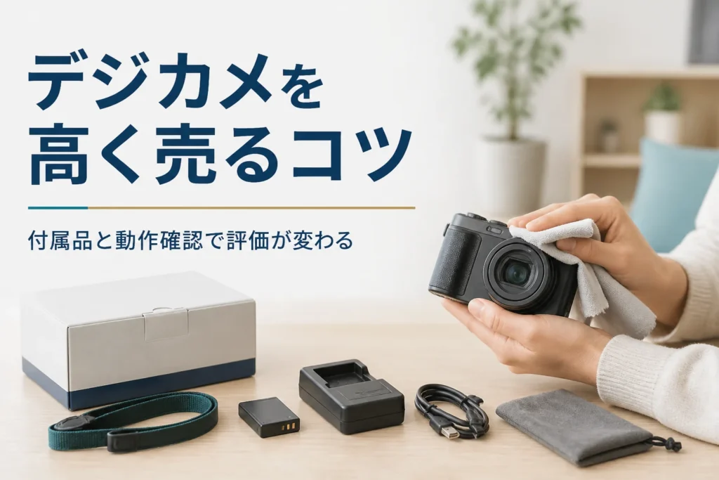 付属品をそろえたコンパクトデジカメを布で拭いている手元