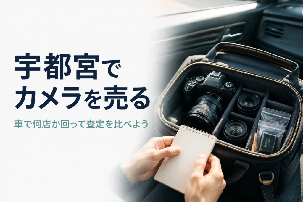 車の助手席でカメラバッグと付属品の小袋を確かめている手元