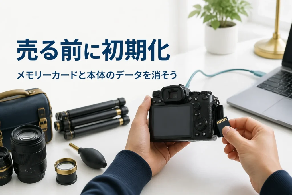 ミラーレスカメラからメモリーカードを抜き、設定画面を確かめている手元