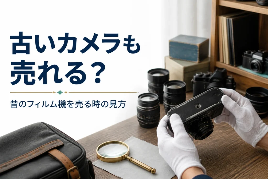古いフィルム一眼レフの底面の刻印をライトで確かめている手元