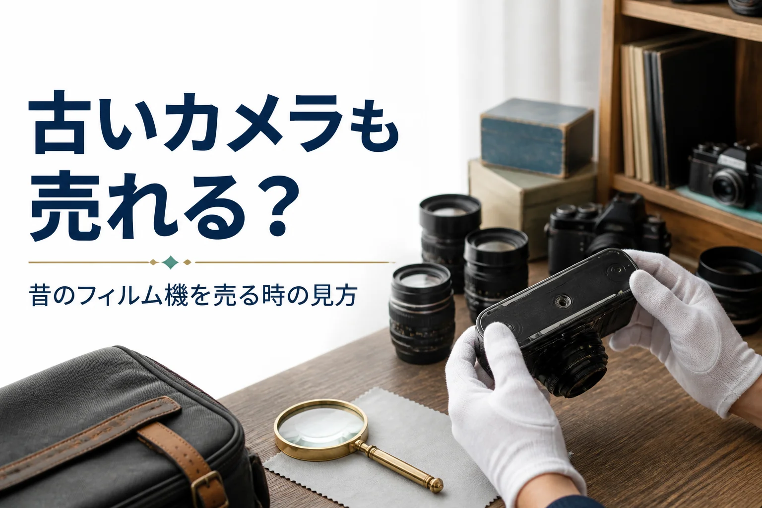 古いフィルム一眼レフの底面の刻印をライトで確かめている手元