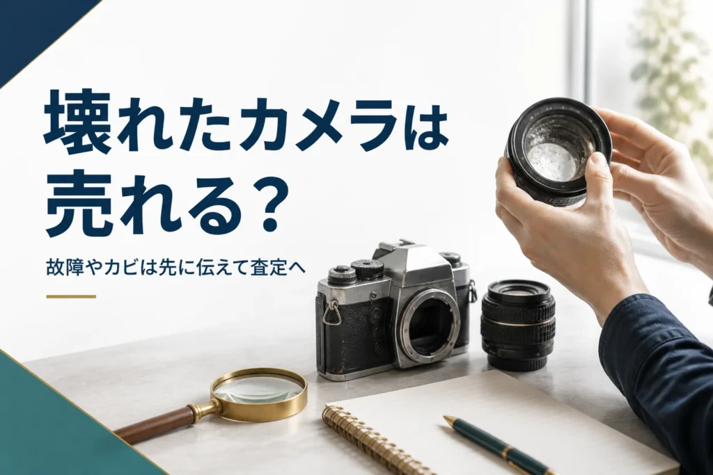 古い一眼レフのレンズを光にかざして状態を確かめる手元