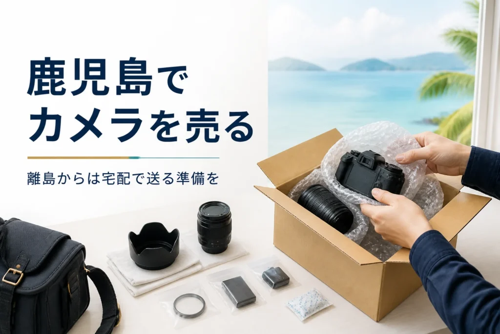 窓辺のテーブルで一眼レフと交換レンズを段ボール箱に梱包している手元